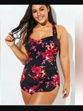 Meetcurve Brand Women's 2XL Poppies Floral Print Black & Pink 1 Piece Swimsuit